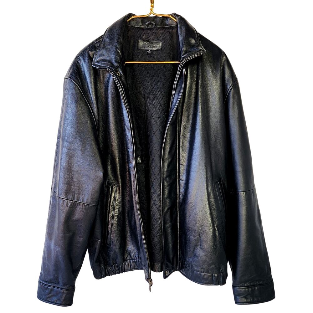 John Ashford Mens XL Black Cow Jacket Full Zip Mock Neck Leather Bomber Mint